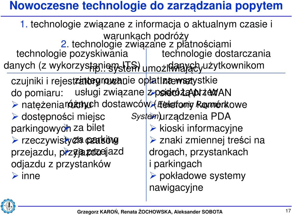 : system ITS) umożliwiający danych użytkownikom czujniki i rejestratory zintegrowanie ruchu opłat Internet za wszystkie do pomiaru: usługi związane z podróżą sieci LAN przez i WAN natężenia różnych