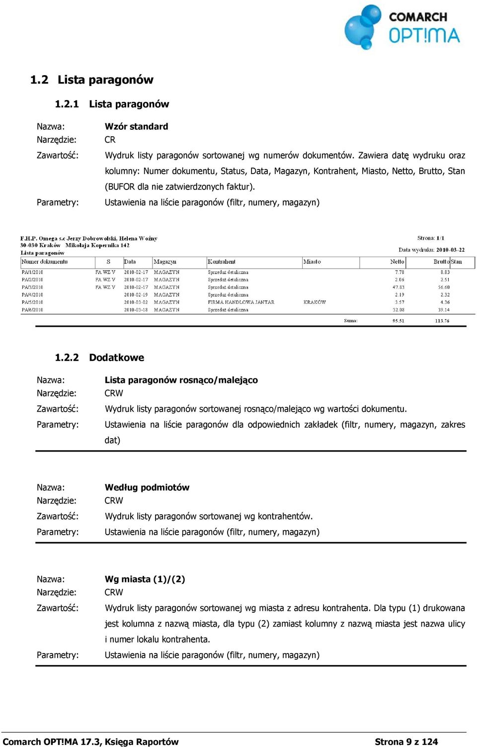 Ustawienia na liście paragonów (filtr, numery, magazyn) 1.2.2 Dodatkowe Lista paragonów rosnąco/malejąco W Wydruk listy paragonów sortowanej rosnąco/malejąco wg wartości dokumentu.