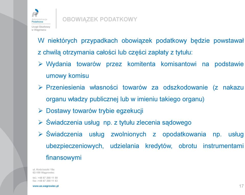 nakazu organu władzy publicznej lub w imieniu takiego organu) Dostawy towarów trybie egzekucji Świadczenia usług np.