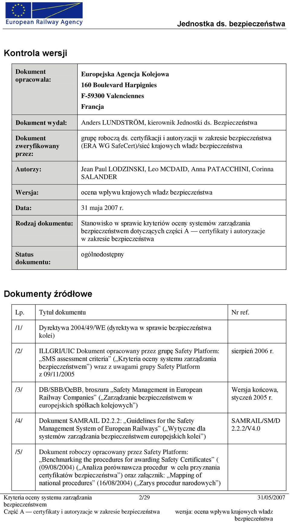 certyfikacji i autoryzacji w zakresie (ERA WG SafeCert)/sieć krajowych władz Jean Paul LODZINSKI, Leo MCDAID, Anna PATACCHINI, Corinna SALANDER ocena wpływu krajowych władz Data: 31 maja 2007 r.