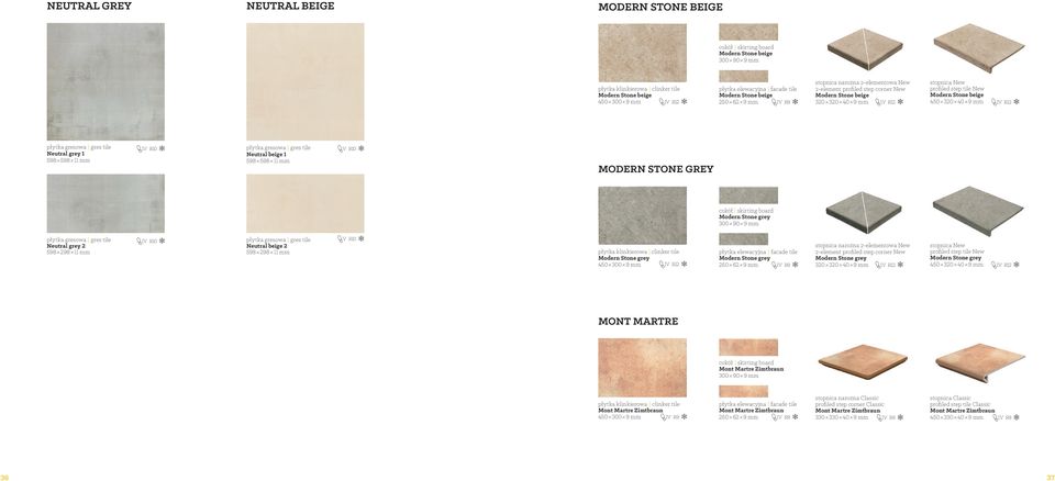 450 320 40 9 mm IV R12 Neutral grey 1 598 598 11 mm IV R10 Neutral beige 1 598 598 11 mm V R10 MODERN STONE GREY cokół skirting board Modern Stone grey 300 90 9 mm Neutral grey 2 598 298 11 mm IV R10