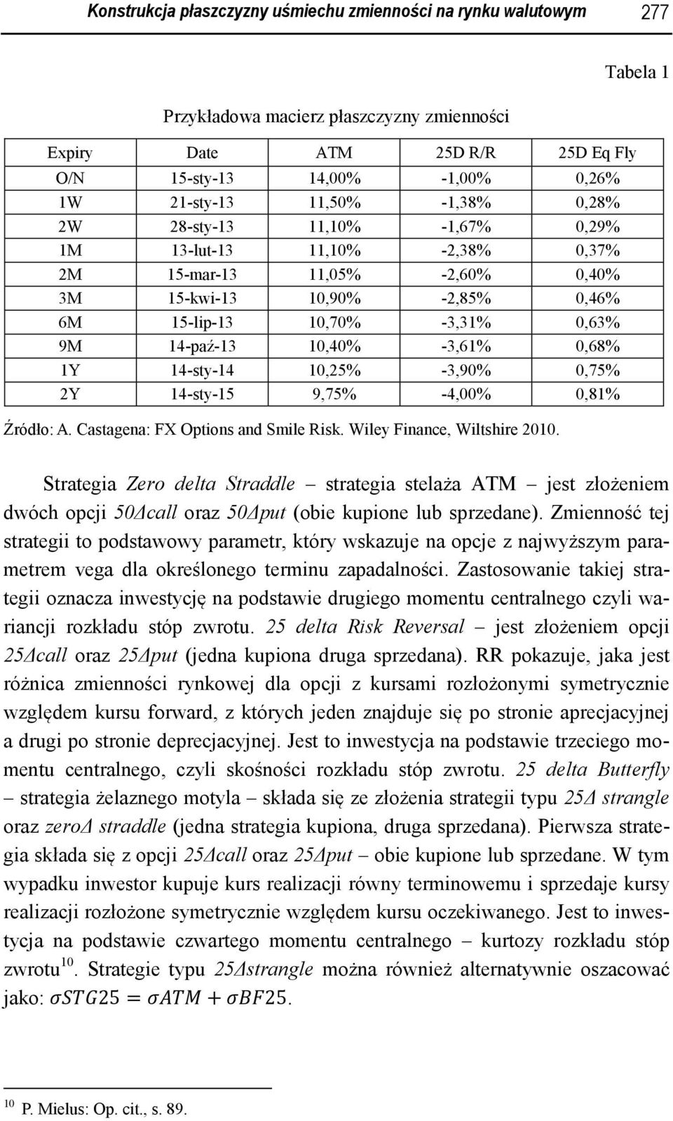 -3,61% 0,68% 1Y 14-sty-14 10,25% -3,90% 0,75% 2Y 14-sty-15 9,75% -4,00% 0,81% Źródło: A. Castagena: FX Options and Smile Risk. Wiley Finance, Wiltshire 2010.