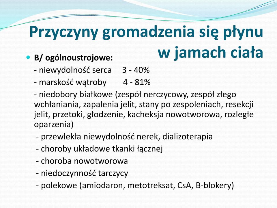 przetoki, głodzenie, kacheksja nowotworowa, rozległe oparzenia) - przewlekła niewydolność nerek, dializoterapia - choroby