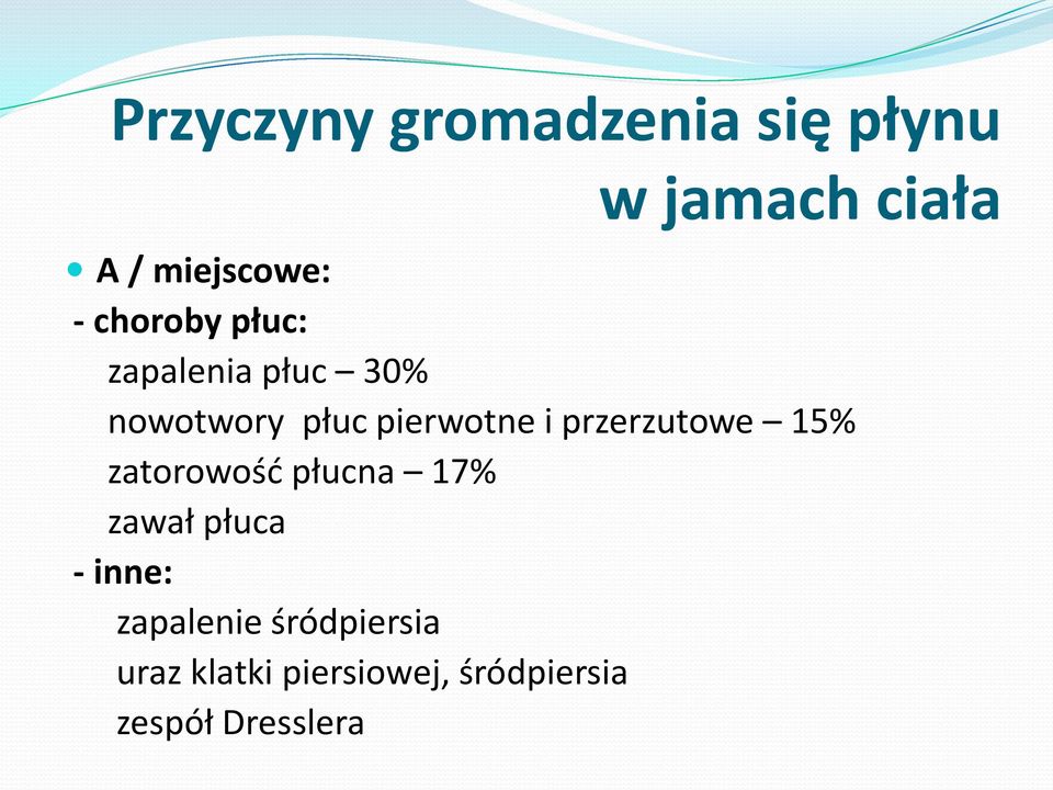 przerzutowe 15% zatorowość płucna 17% zawał płuca - inne: