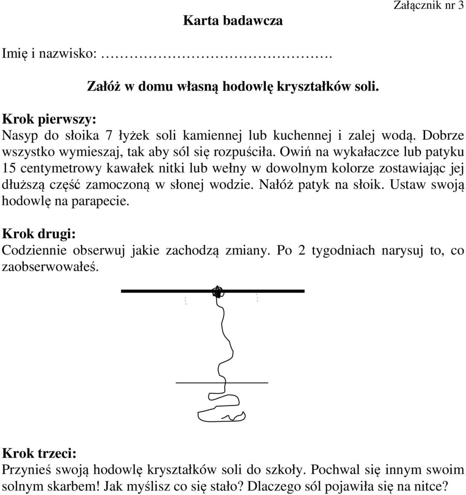 Owiń na wykałaczce lub patyku 15 centymetrowy kawałek nitki lub wełny w dowolnym kolorze zostawiając jej dłuższą część zamoczoną w słonej wodzie. Nałóż patyk na słoik.