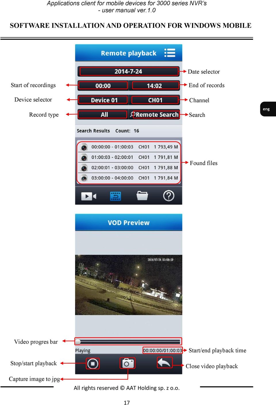 selector Record type End of records Channel Search Found files Video progres bar Stop/start