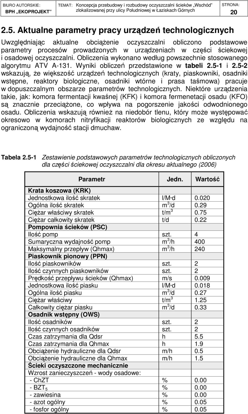oczyszczalni. Obliczenia wykonano według powszechnie stosowanego algorytmu ATV A-131. Wyniki obliczeń przedstawione w tabeli 2.5-1 i 2.