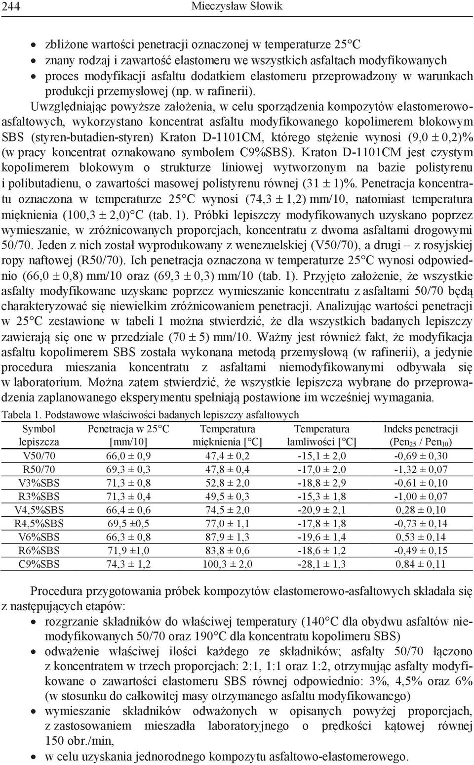 Uwzględniając powyższe założenia, w celu sporządzenia kompozytów elastomerowoasfaltowych, wykorzystano koncentrat asfaltu modyfikowanego kopolimerem blokowym SBS (styren-butadien-styren) Kraton