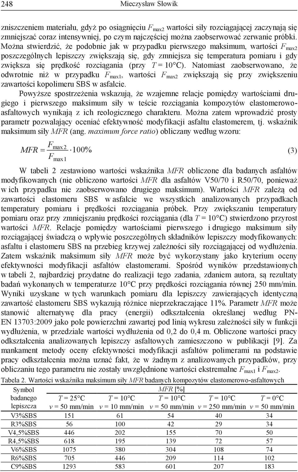 rozciągania (przy T = 10 C). Natomiast zaobserwowano, że odwrotnie niż w przypadku F max1, wartości F max2 zwiększają się przy zwiększeniu zawartości kopolimeru SBS w asfalcie.