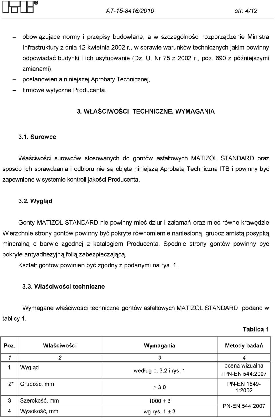 690 z późniejszymi zmianami), postanowienia niniejszej Aprobaty Technicznej, firmowe wytyczne Producenta. 3. WŁAŚCIWOŚCI TECHNICZNE. WYMAGANIA 3.1.