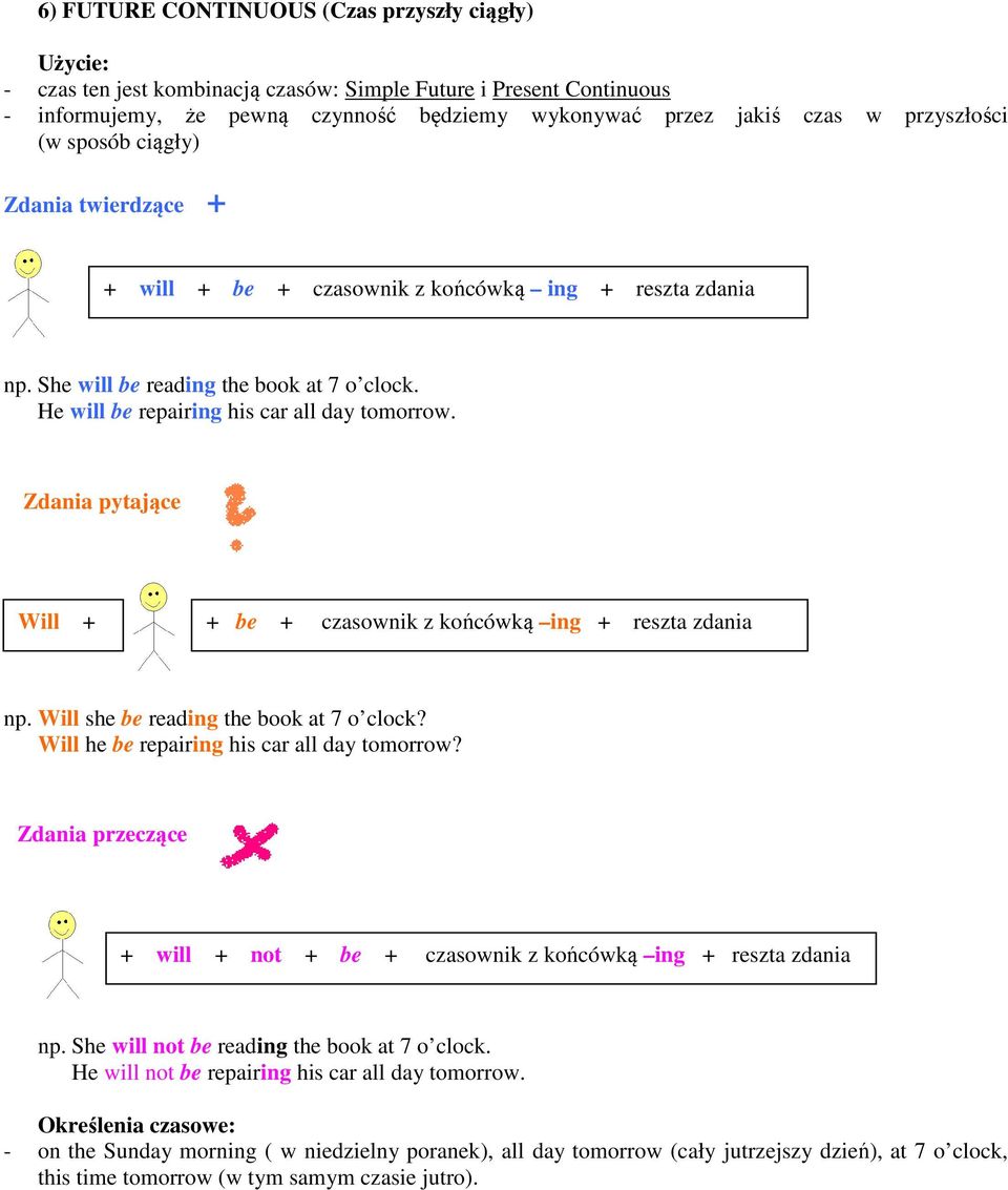 Will + + be + czasownik z końcówką ing + reszta zdania np. Will she be reading the book at 7 o clock? Will he be repairing his car all day tomorrow?