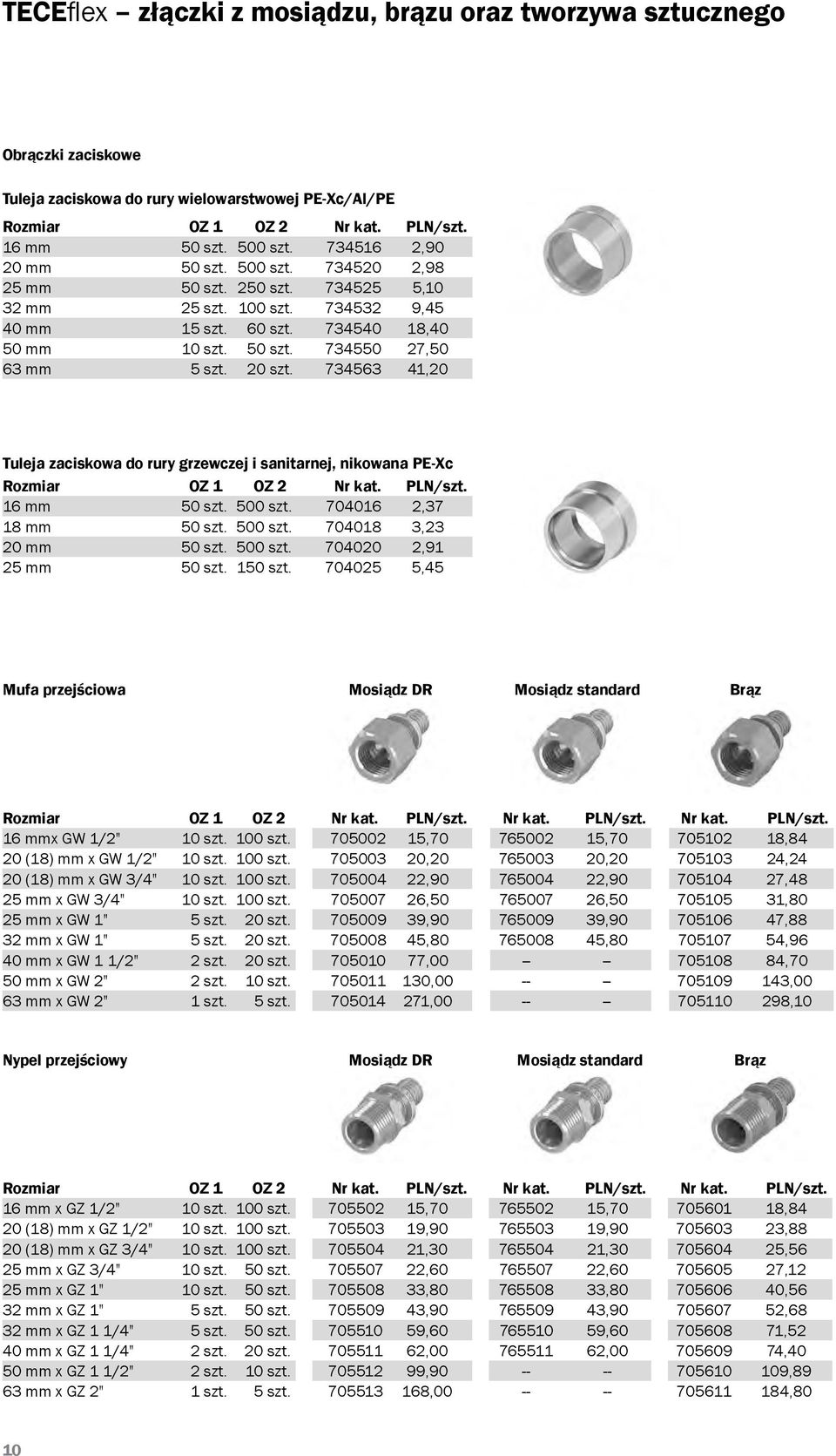 20 szt. 734563 41,20 Tuleja zaciskowa do rury grzewczej i sanitarnej, nikowana PE-Xc Rozmiar OZ 1 OZ 2 Nr kat. PLN/szt. 16 mm 50 szt. 500 szt. 704016 2,37 18 mm 50 szt. 500 szt. 704018 3,23 20 mm 50 szt.