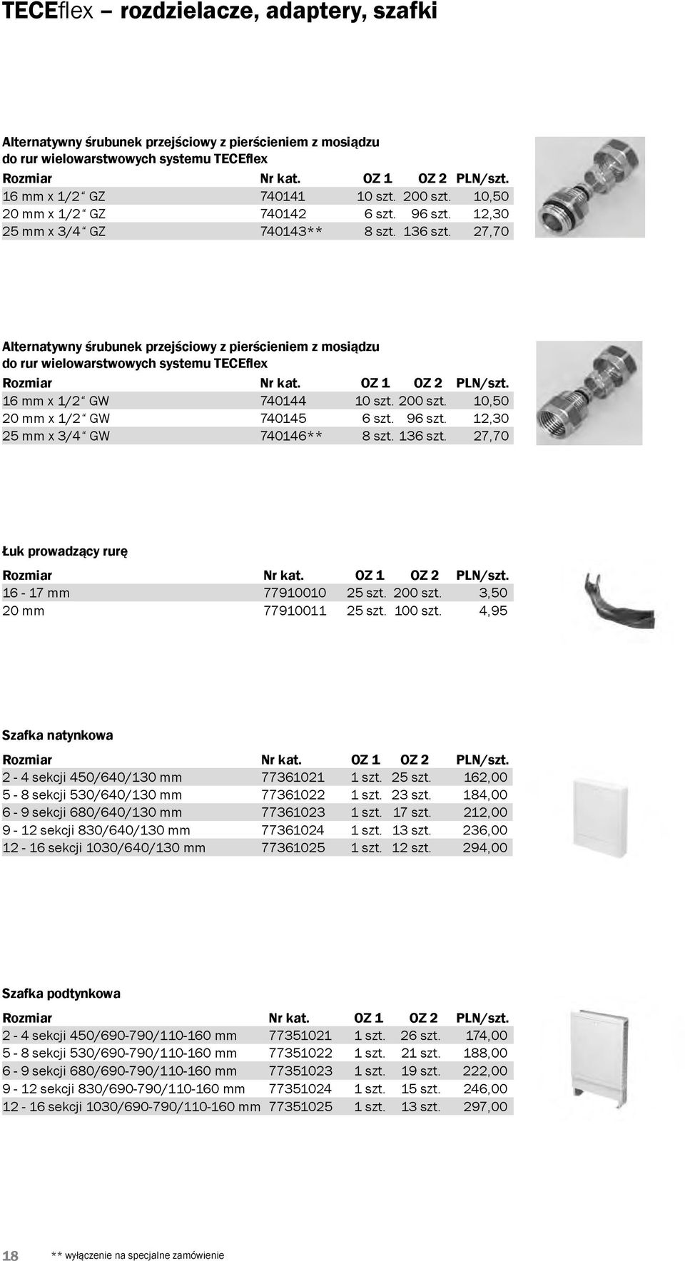 27,70 Alternatywny śrubunek przejściowy z pierścieniem z mosiądzu do rur wielowarstwowych systemu TECEflex 16 mm x 1/2 GW 740144 10 szt. 200 szt. 10,50 20 mm x 1/2 GW 740145 6 szt. 96 szt.