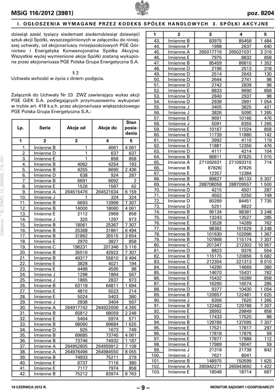 Energetyka Konwencjonalna Spółka Akcyjna. Wszystkie wyżej wymienione akcje Spółki zostaną wykupione przez akcjonariusza PGE Polska Grupa Energetyczna S.A. 2 Uchwała wchodzi w życie z dniem podjęcia.