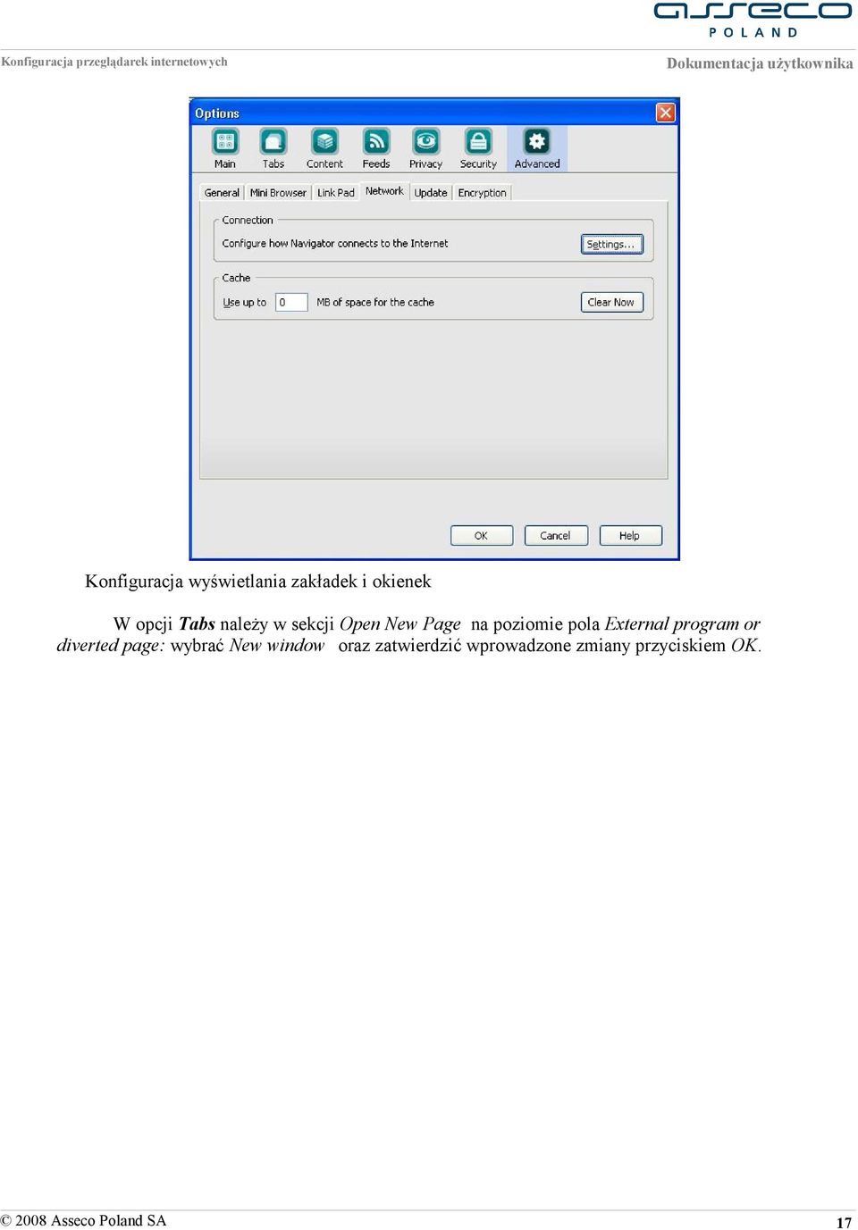 External program or diverted page: wybrać New window