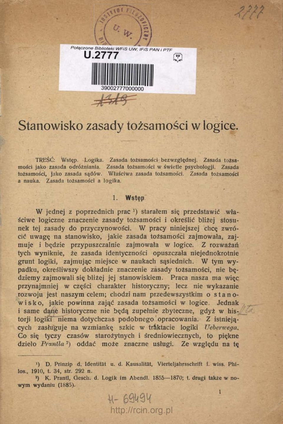 Zasada tożsamości a logika. 1.