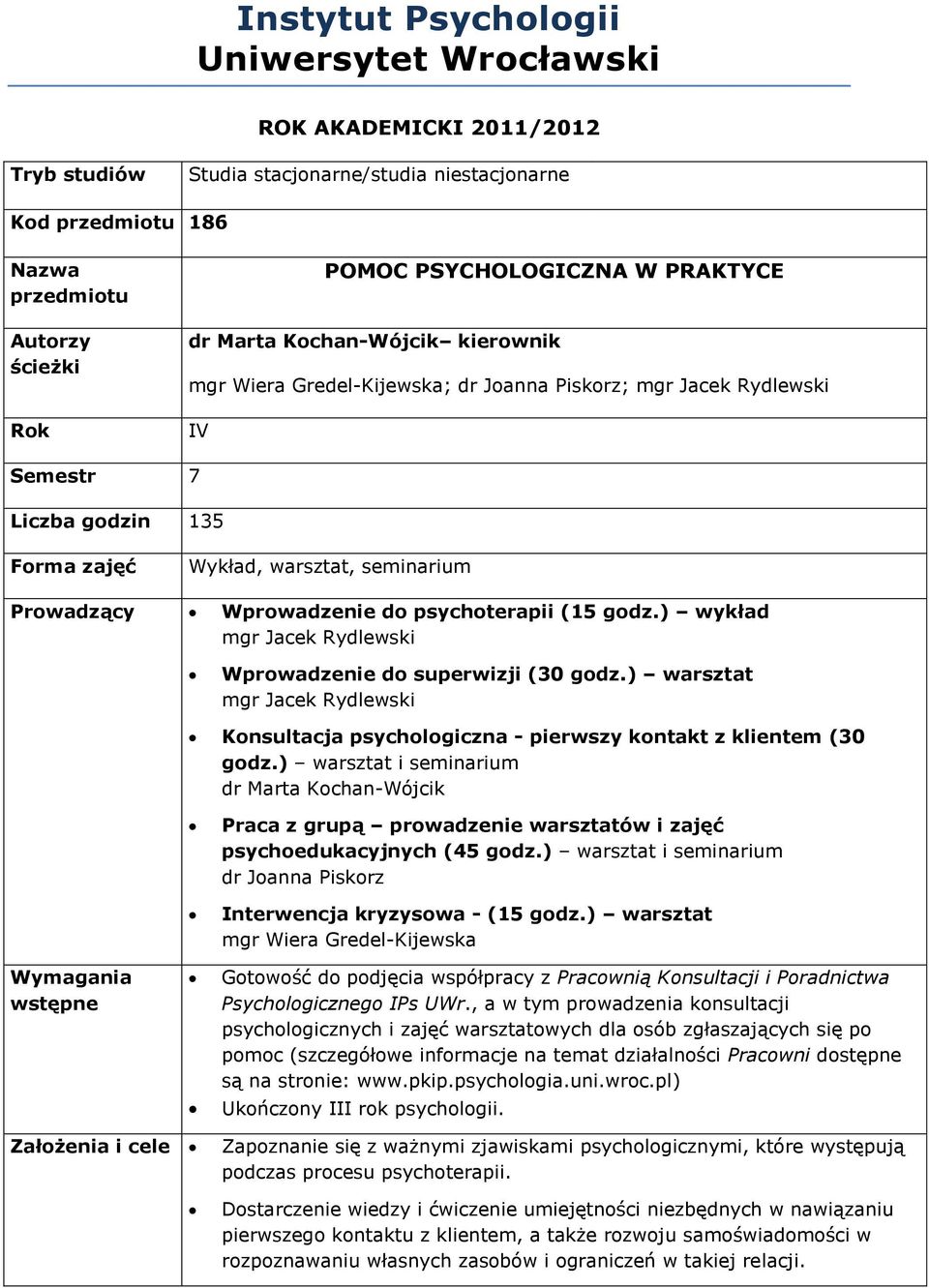 psychoterapii (15 godz.) wykład mgr Jacek Rydlewski Wprowadzenie do superwizji (30 godz.) warsztat mgr Jacek Rydlewski Konsultacja psychologiczna - pierwszy kontakt z klientem (30 godz.