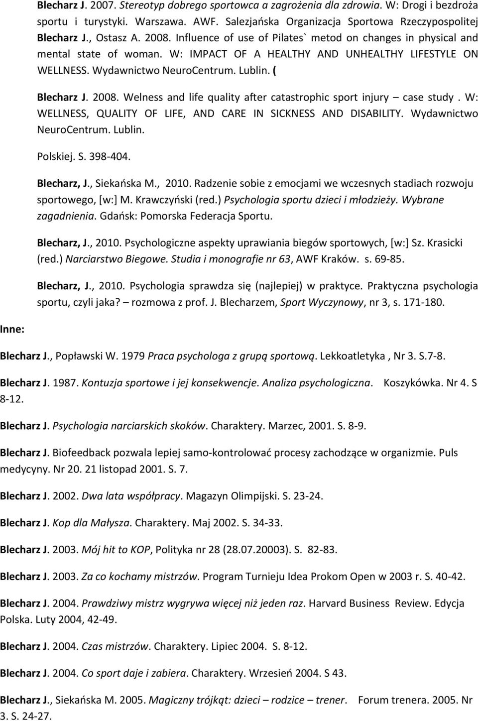 2008. Welness and life quality after catastrophic sport injury case study. W: WELLNESS, QUALITY OF LIFE, AND CARE IN SICKNESS AND DISABILITY. Wydawnictwo NeuroCentrum. Lublin. Polskiej. S. 398 404.
