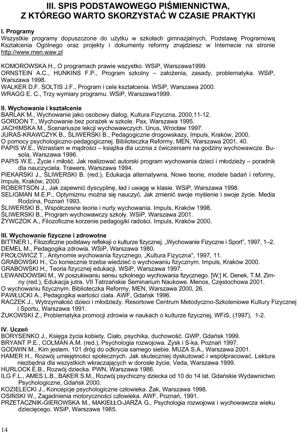 men.waw.pl KOMOROWSKA H., O programach prawie wszystko. WSiP, Warszawa1999. ORNSTEIN A.C., HUNKINS F.P., Program szkolny założenia, zasady, problematyka. WSiP, Warszawa 1998. WALKER D.F. SOLTIS J.F., Program i cele kształcenia.