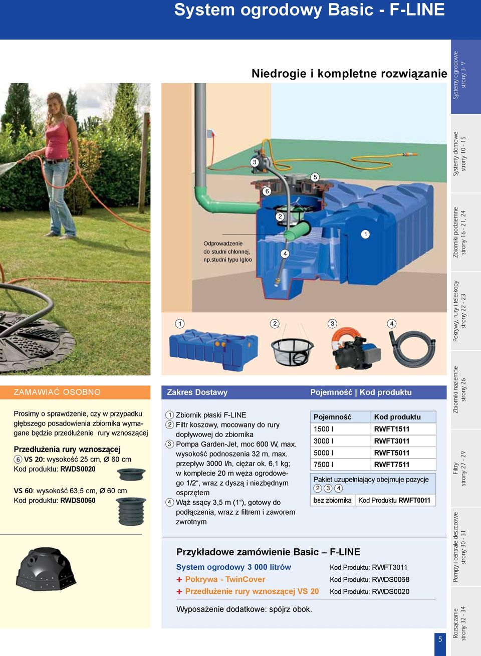 cm, Ø 60 cm : RWDS000 VS 60: wysokość 6, cm, Ø 60 cm : RWDS0060 Zakres Dostawy Zbiornik płaski F-LINE Filtr koszowy, mocowany do rury dopływowej do zbiornika Pompa Garden-Jet, moc 600 W, max.