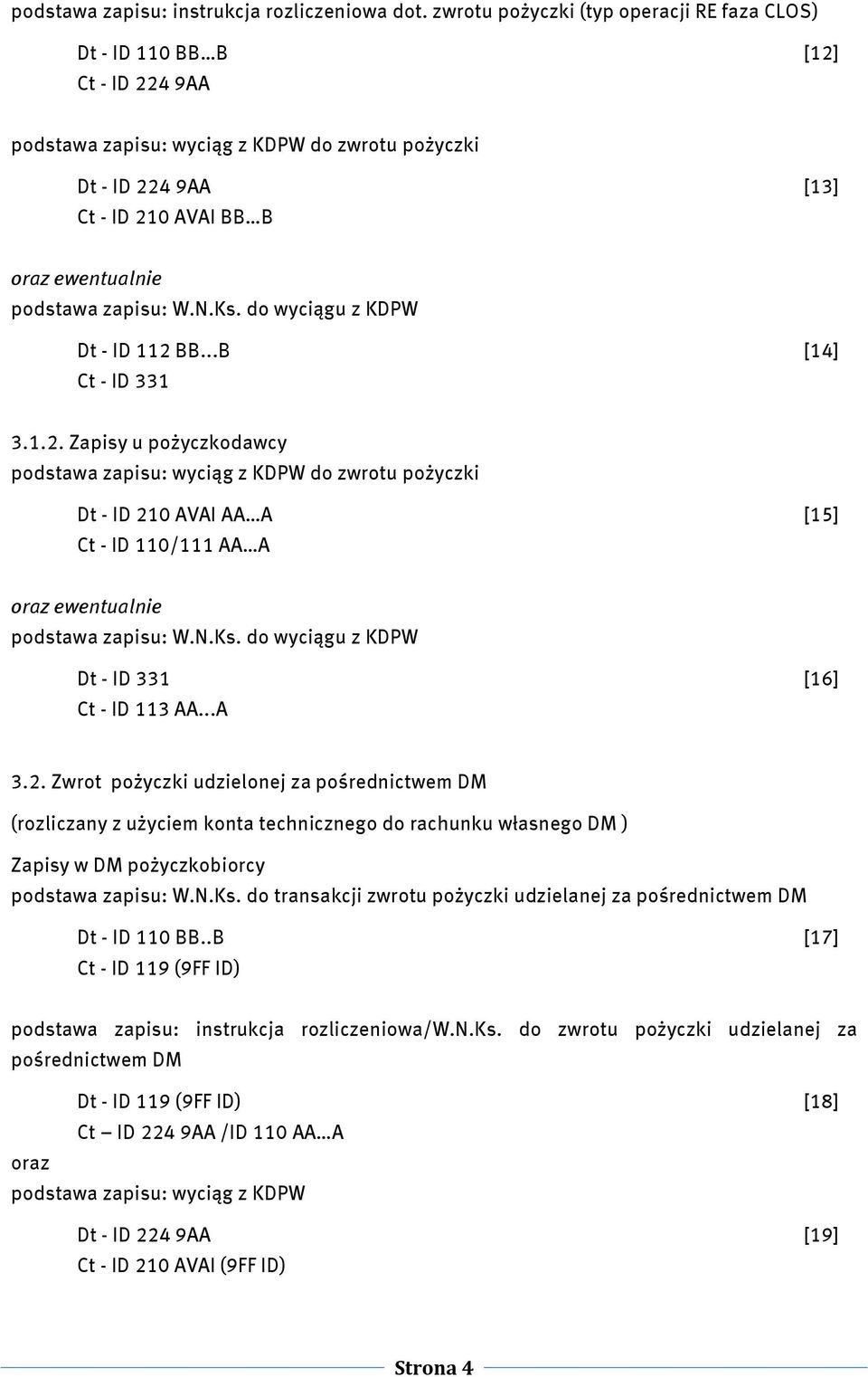 ..A 3.2. Zwrot pożyczki udzielonej za pośrednictwem DM (rozliczany z użyciem konta technicznego do rachunku własnego DM ) Zapisy w DM pożyczkobiorcy podstawa zapisu: W.N.Ks.