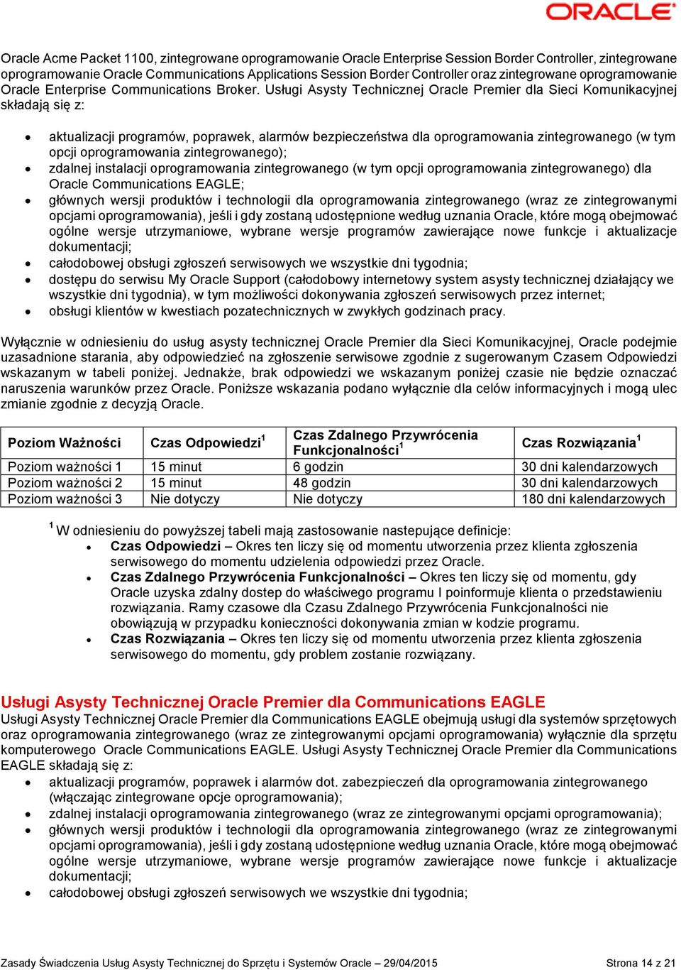 Usługi Asysty Technicznej Oracle Premier dla Sieci Komunikacyjnej składają się z: aktualizacji programów, poprawek, alarmów bezpieczeństwa dla oprogramowania zintegrowanego (w tym opcji