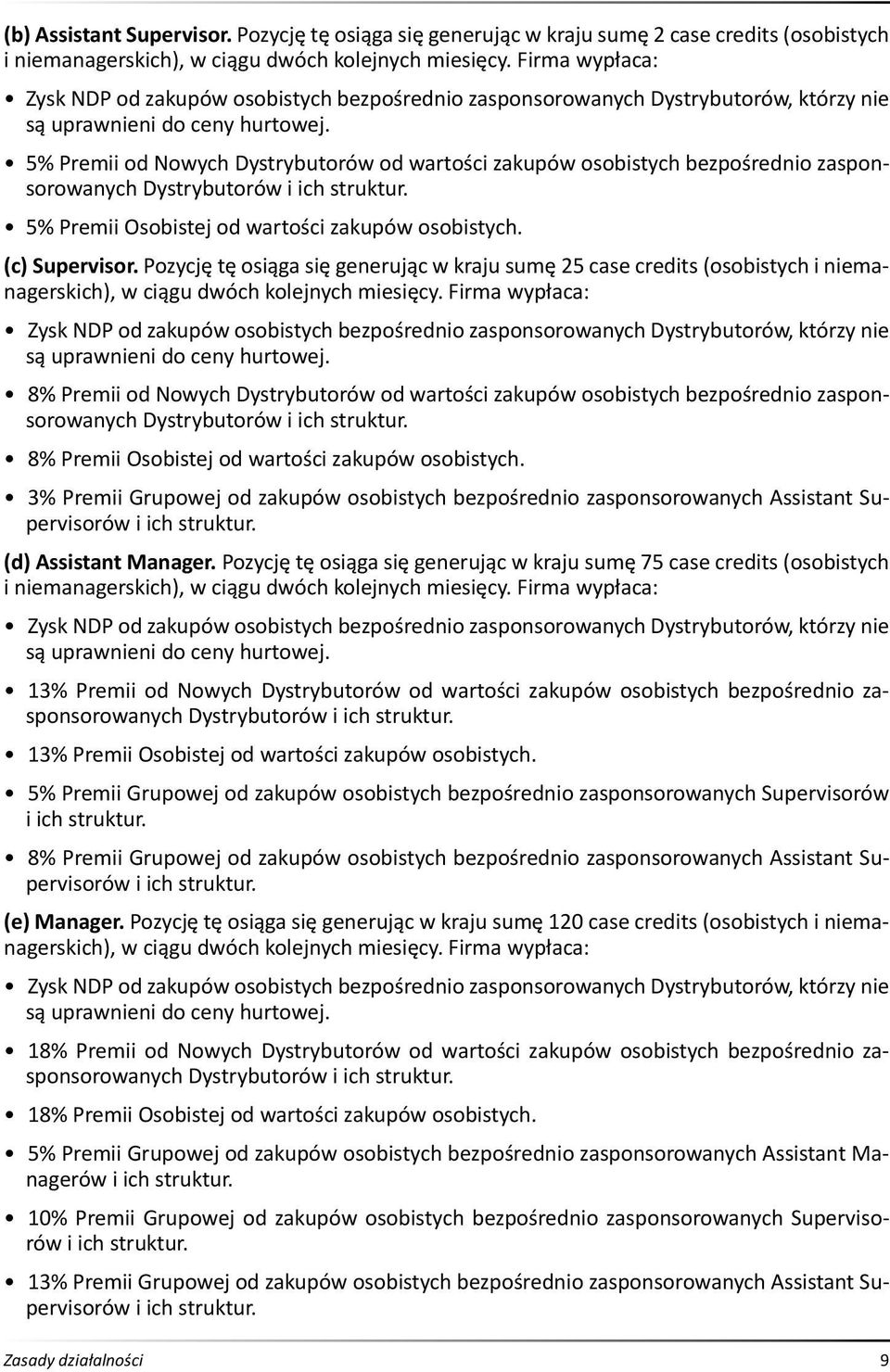 5% Premii od Nowych Dystrybutorów od wartości zakupów osobistych bezpośrednio zasponsorowanych Dystrybutorów i ich struktur. 5% Premii Osobistej od wartości zakupów osobistych. (c) Supervisor.