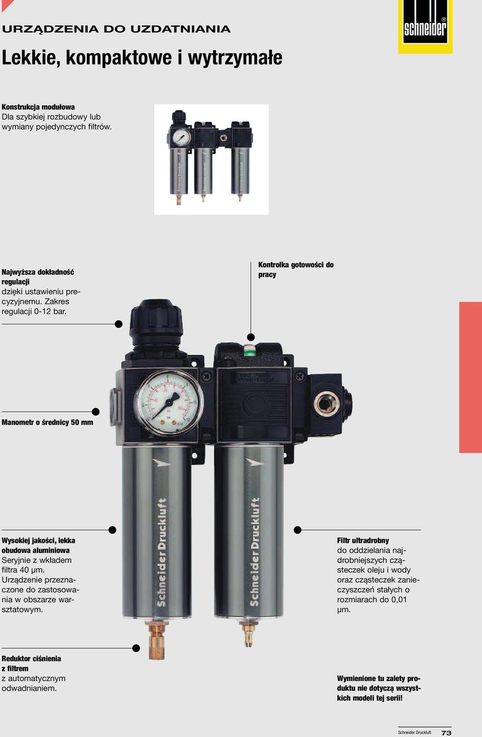 Kontrolka gotowości do pracy Manometr o średnicy 50 mm Wysokiej jakości, lekka obudowa aluminiowa Seryjnie z wkładem filtra 40 µm.