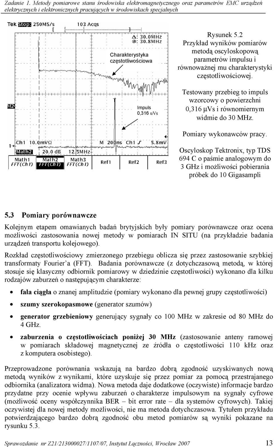0,316 uvs Rysunek 5.2 Przykład wyników pomiarów metodą oscyloskopową parametrów impulsu i równoważnej mu charakterystyki częstotliwościowej.