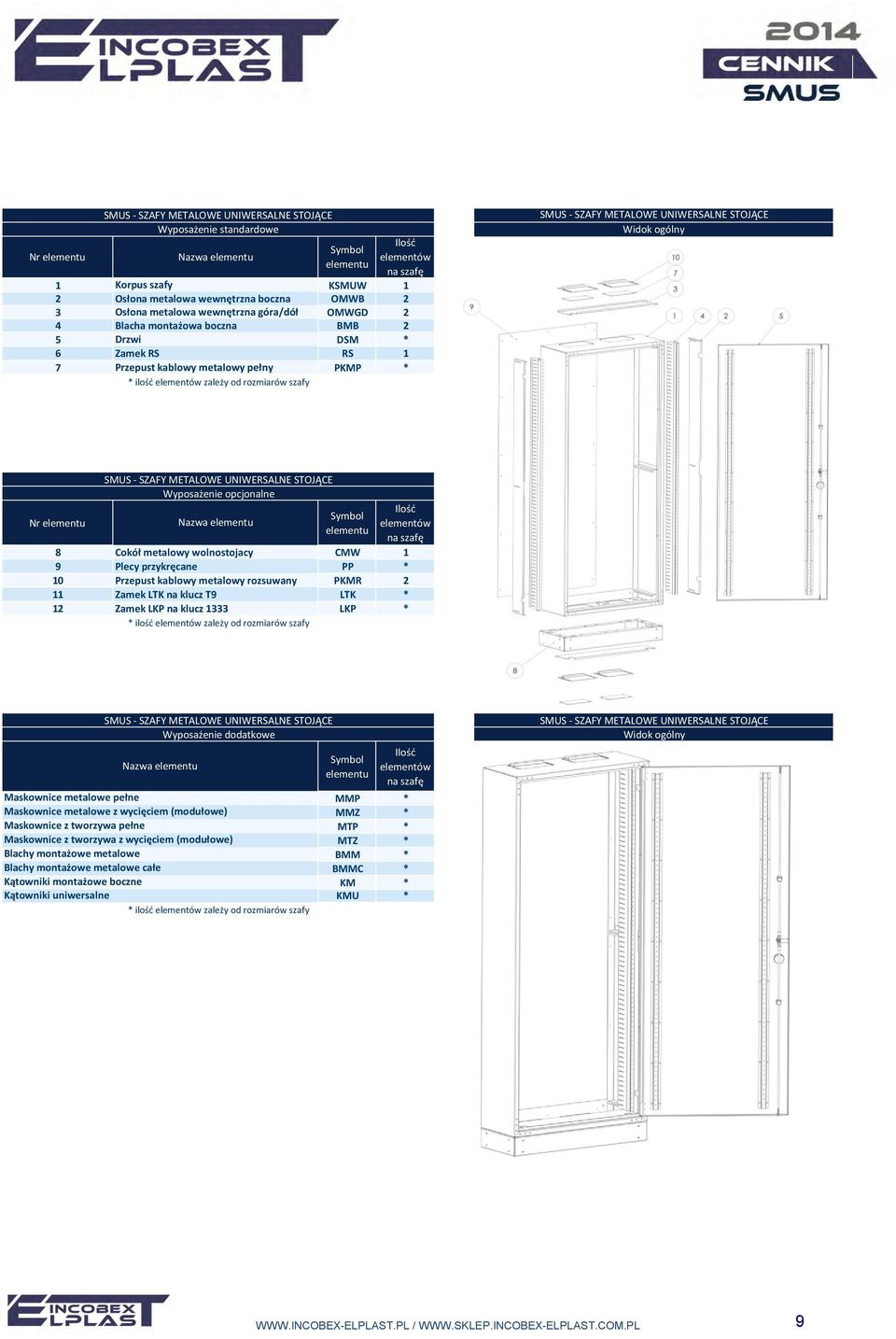 Cokół metalowy wolnostojacy CMW 1 9 Plecy przykręcane PP * 10 Przepust kablowy metalowy rozsuwany PKMR 2 11 Zamek LTK na klucz T9 LTK * 12 Zamek LKP na klucz 1333 LKP * SMUS - SZAFY METALOWE