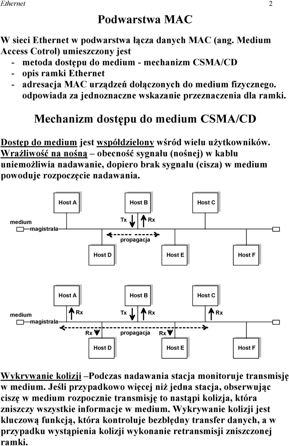 odpowiada za jednoznaczne wskazanie przeznaczenia dla ramki. Mechanizm dostępu do CSMA/CD Dostęp do jest współdzielony wśród wielu użytkowników.