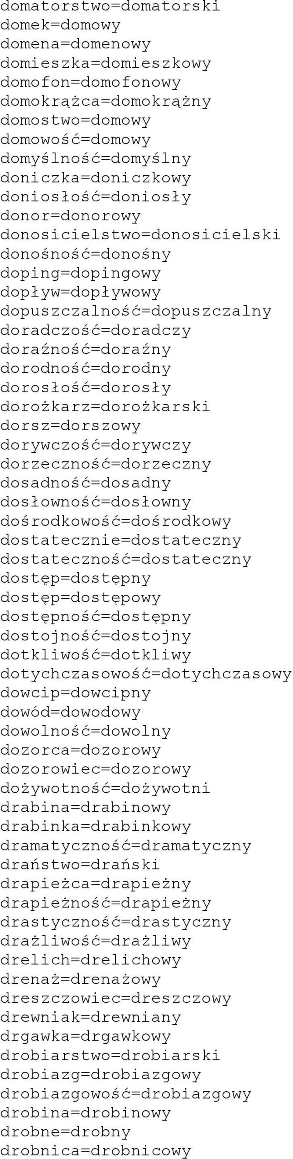 dorosłość=dorosły dorożkarz=dorożkarski dorsz=dorszowy dorywczość=dorywczy dorzeczność=dorzeczny dosadność=dosadny dosłowność=dosłowny dośrodkowość=dośrodkowy dostatecznie=dostateczny