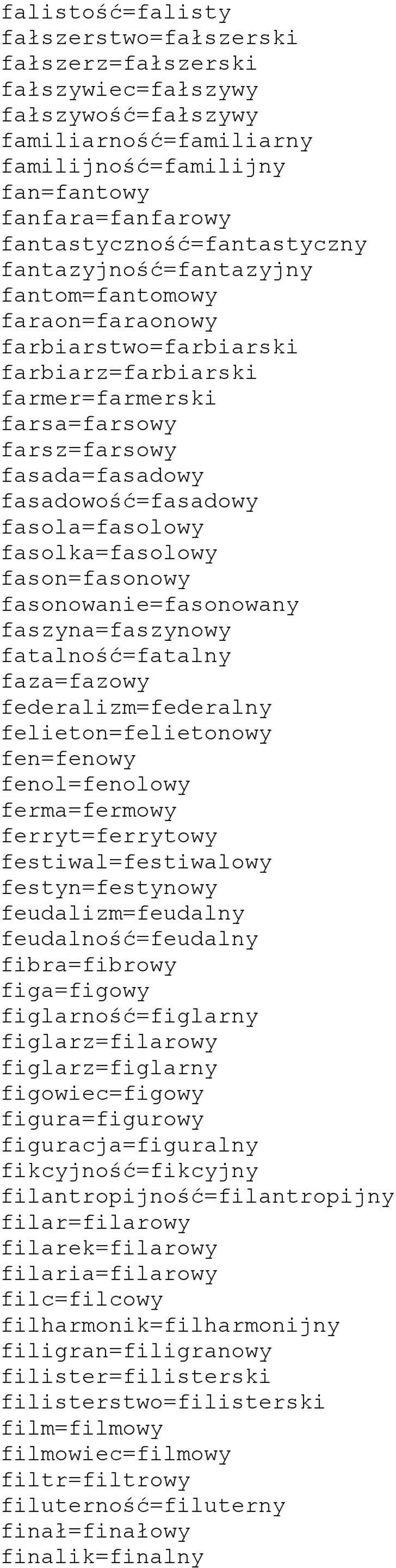 fasadowość=fasadowy fasola=fasolowy fasolka=fasolowy fason=fasonowy fasonowanie=fasonowany faszyna=faszynowy fatalność=fatalny faza=fazowy federalizm=federalny felieton=felietonowy fen=fenowy