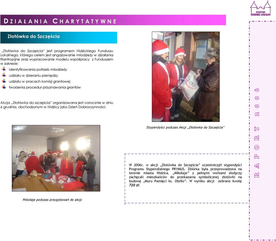 Akcja Złotówka do szczęścia organizowana jest corocznie w dniu 6 grudnia, obchodzonym w Nidzicy jako Dzień Dobroczynności. Stypendyści podczas Akcji Złotówka do Szczęścia W 2006r.