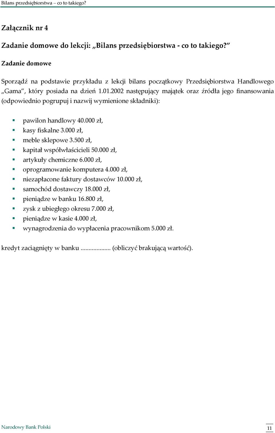 2002 następujący majątek oraz źródła jego finansowania (odpowiednio pogrupuj i nazwij wymienione składniki): pawilon handlowy 40.000 zł, kasy fiskalne 3.000 zł, meble sklepowe 3.