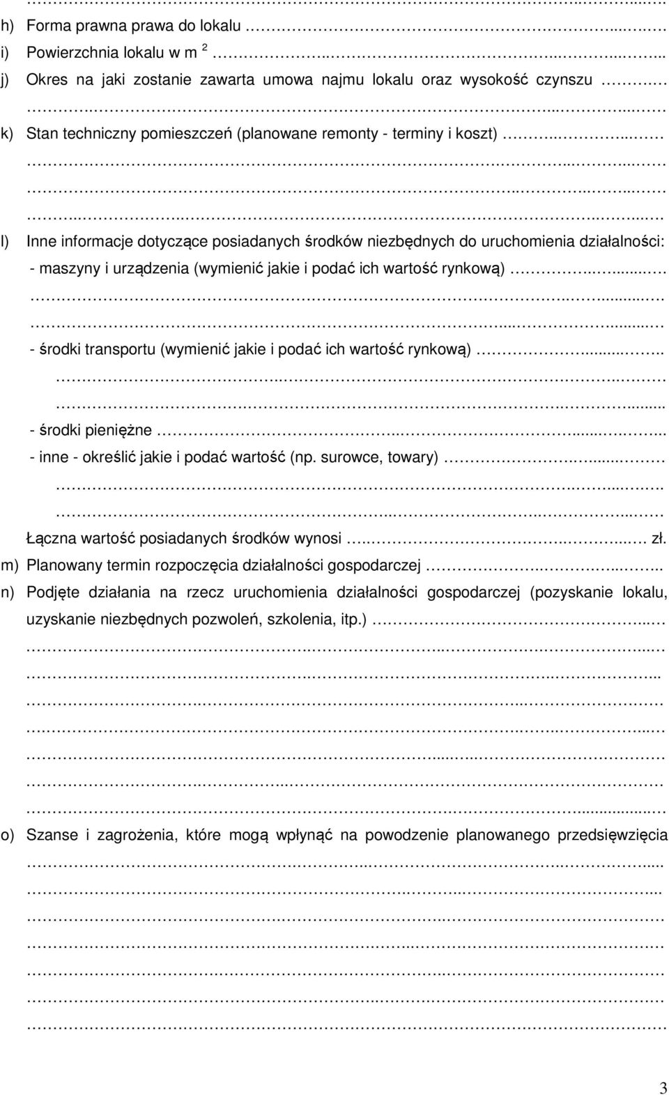 ............................ l) Inne informacje dotyczące posiadanych środków niezbędnych do uruchomienia działalności: - maszyny i urządzenia (wymienić jakie i podać ich wartość rynkową).