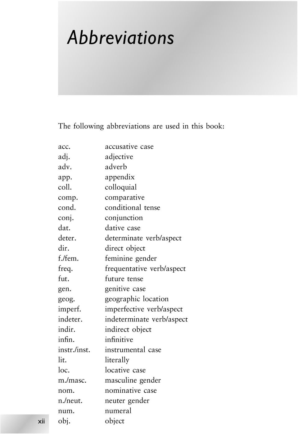 accusative case adjective adverb appendix colloquial comparative conditional tense conjunction dative case determinate verb/aspect direct object feminine gender