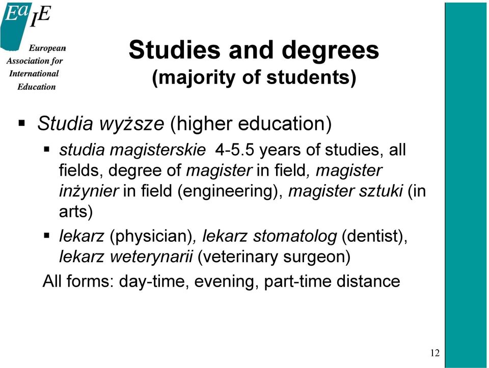 5 years of studies, all fields, degree of magister in field, magister inżynier in field