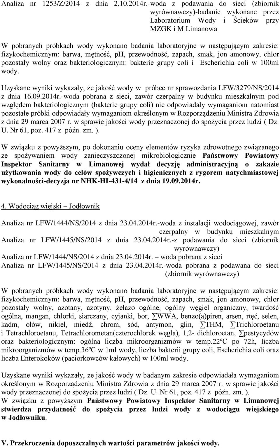 coli w 100ml wody. Uzyskane wyniki wykazały, że jakość wody w próbce nr sprawozdania LFW/3279/NS/2014 z dnia 16.09.2014r.