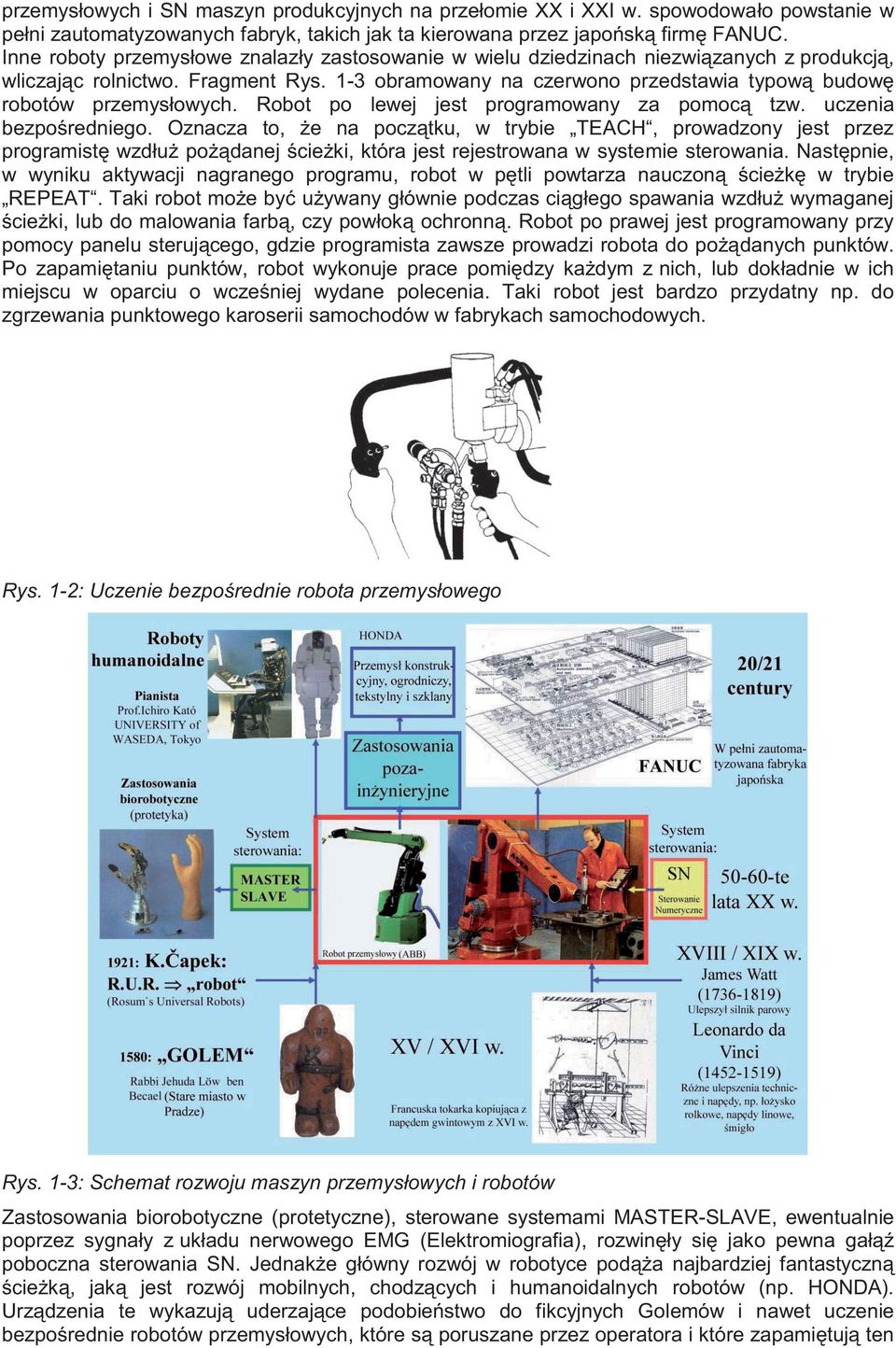 1-3 obramowany na czerwono przedstawia typową budowę robotów przemysłowych. Robot po lewej jest programowany za pomocą tzw. uczenia bezpośredniego.