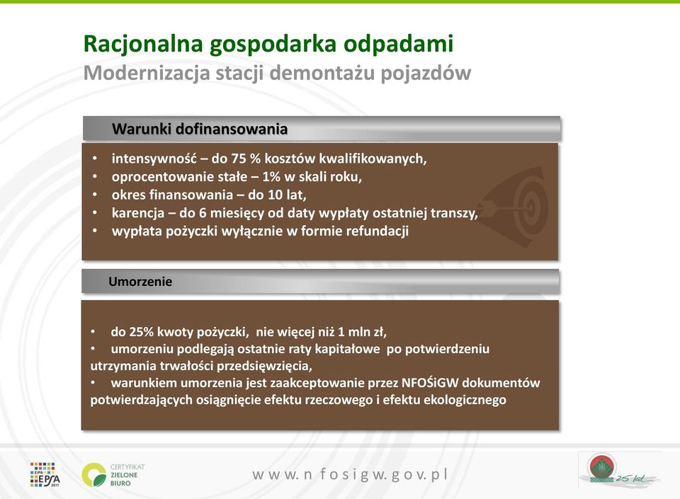 wyłącznie w formie refundacji Umorzenie do 25% kwoty pożyczki, nie więcej niż 1 mln zł, umorzeniu podlegają ostatnie raty kapitałowe po potwierdzeniu