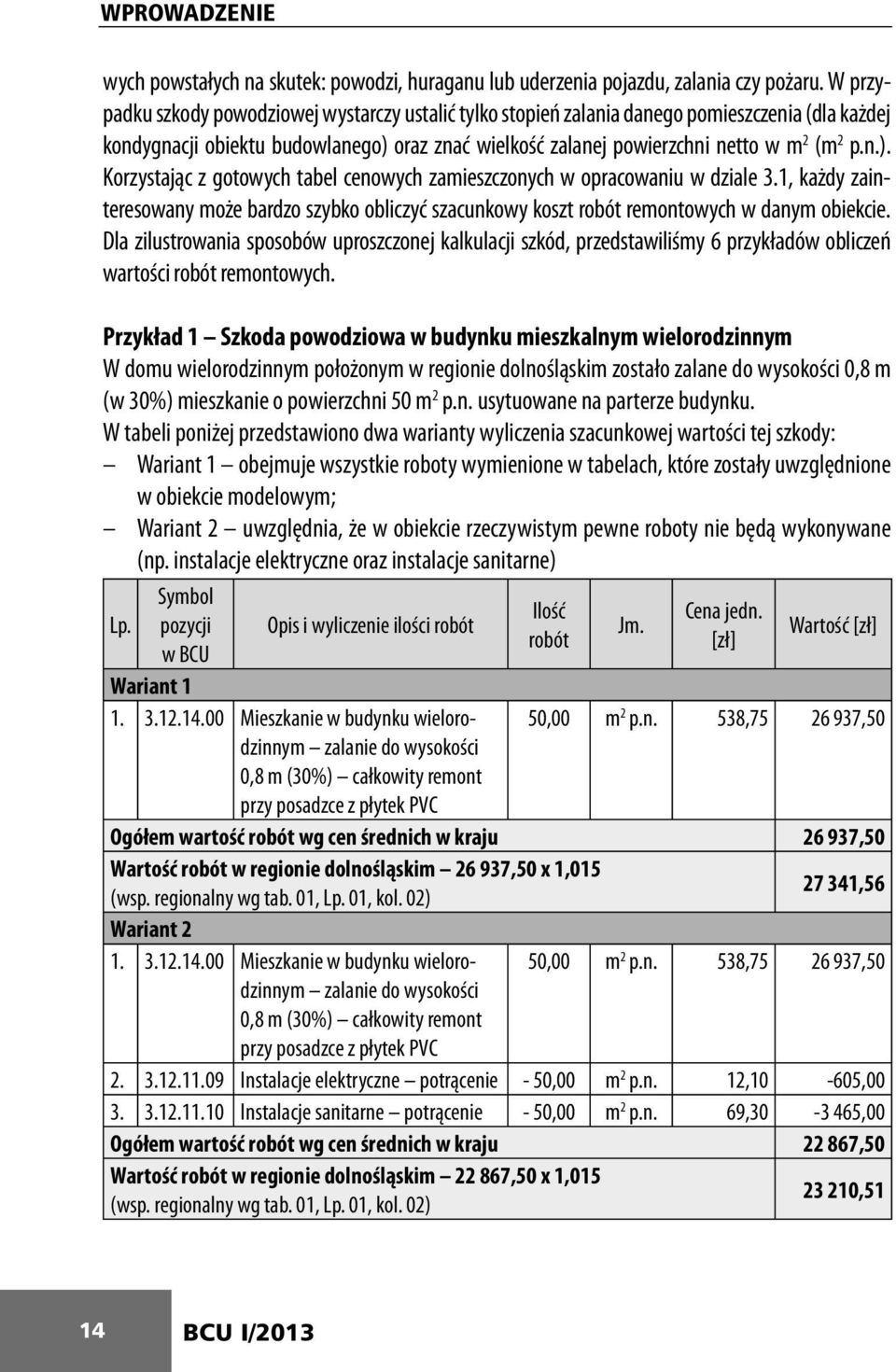oraz znać wielkość zalanej powierzchni netto w m 2 (m 2 p.n.). Korzystając z gotowych tabel cenowych zamieszczonych w opracowaniu w dziale 3.