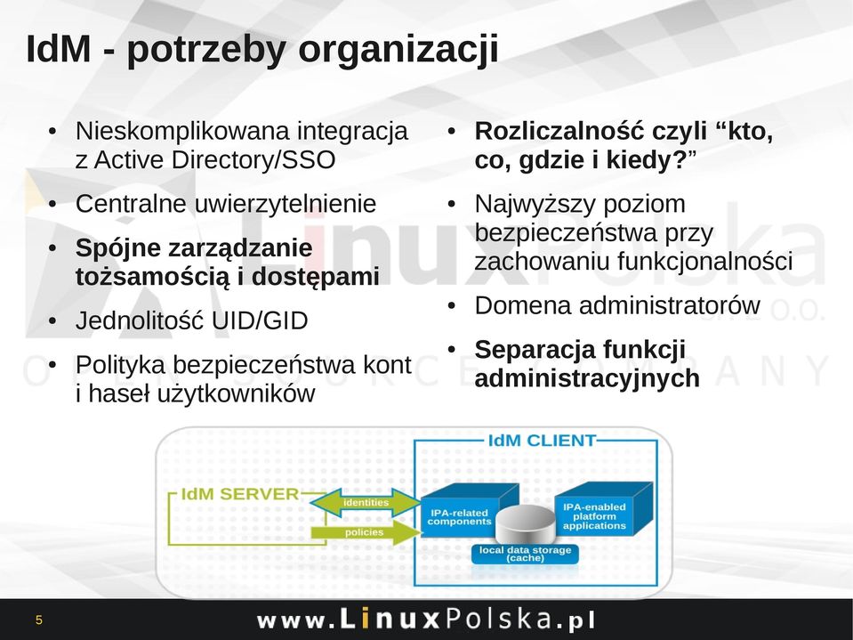 Centralne uwierzytelnienie Spójne zarządzanie tożsamością i dostępami Jednolitość UID/GID