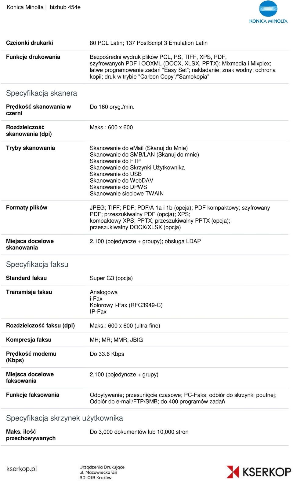 Tryby skanowania Formaty plików Miejsca docelowe skanowania Do 160 oryg./min. Maks.