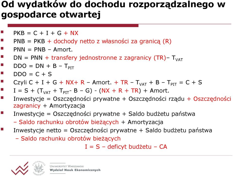+ TR T VAT + B T PIT = C + S I = S + (T VAT + T PIT - B G) - (NX + R + TR) + Amort.