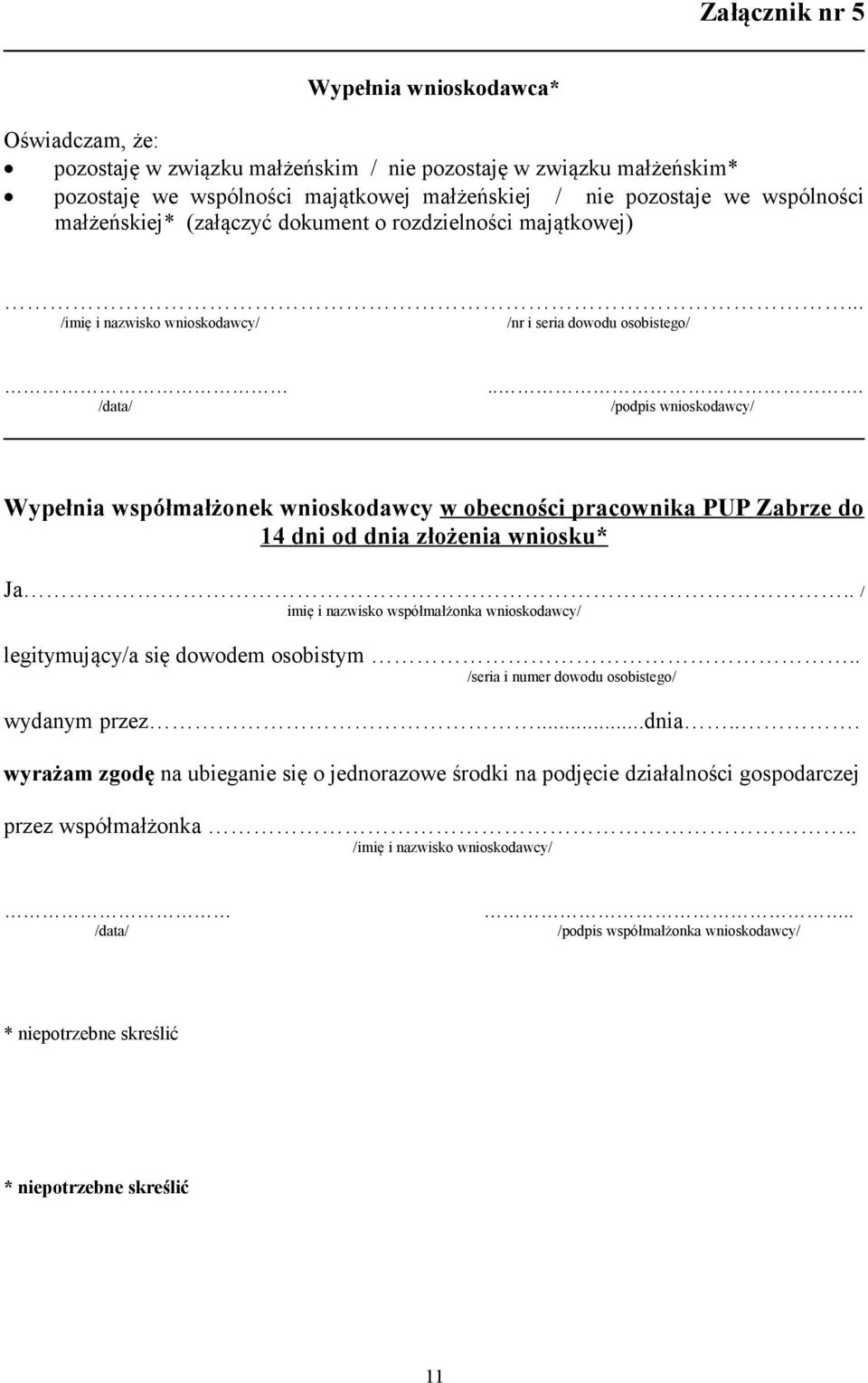 .. /podpis wnioskodawcy/ Wypełnia współmałżonek wnioskodawcy w obecności pracownika PUP Zabrze do 14 dni od dnia złożenia wniosku* Ja.