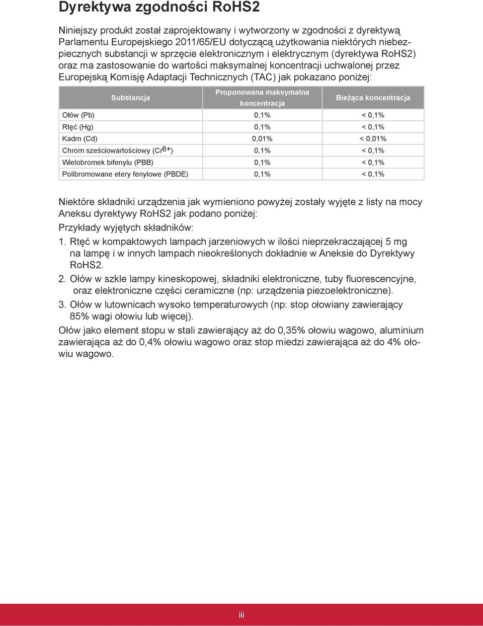 poniżej: Substancja Proponowana maksymalna koncentracja Bieżąca koncentracja Ołów (Pb) 0,1% < 0,1% Rtęć (Hg) 0,1% < 0,1% Kadm (Cd) 0,01% < 0,01% Chrom sześciowartościowy (Cr6+) 0,1% < 0,1%