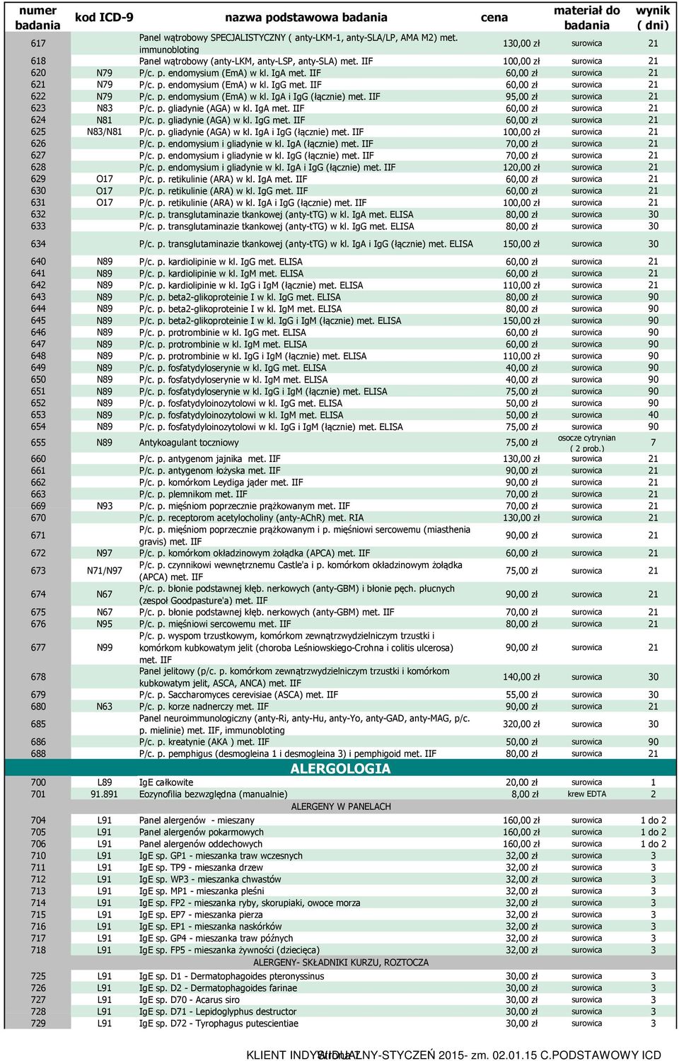 IIF 95,00 zł surowica 623 N83 P/c. p. gliadynie (AGA) w kl. IgA met. IIF 60,00 zł surowica 624 N81 P/c. p. gliadynie (AGA) w kl. IgG met. IIF 60,00 zł surowica 625 N83/N81 P/c. p. gliadynie (AGA) w kl. IgA i IgG (łącznie) met.