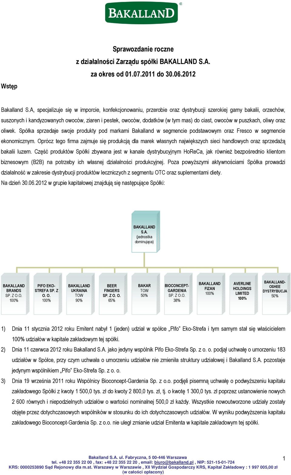 ciast, owoców w puszkach, oliwy oraz oliwek. Spółka sprzedaje swoje produkty pod markami Bakalland w segmencie podstawowym oraz Fresco w segmencie ekonomicznym.