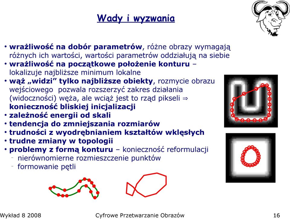 wciąż jest to rząd pikseli konieczność bliskiej inicjalizacji zależność energii od skali tendencja do zmniejszania rozmiarów trudności z wyodrębnianiem kształtów wklęsłych